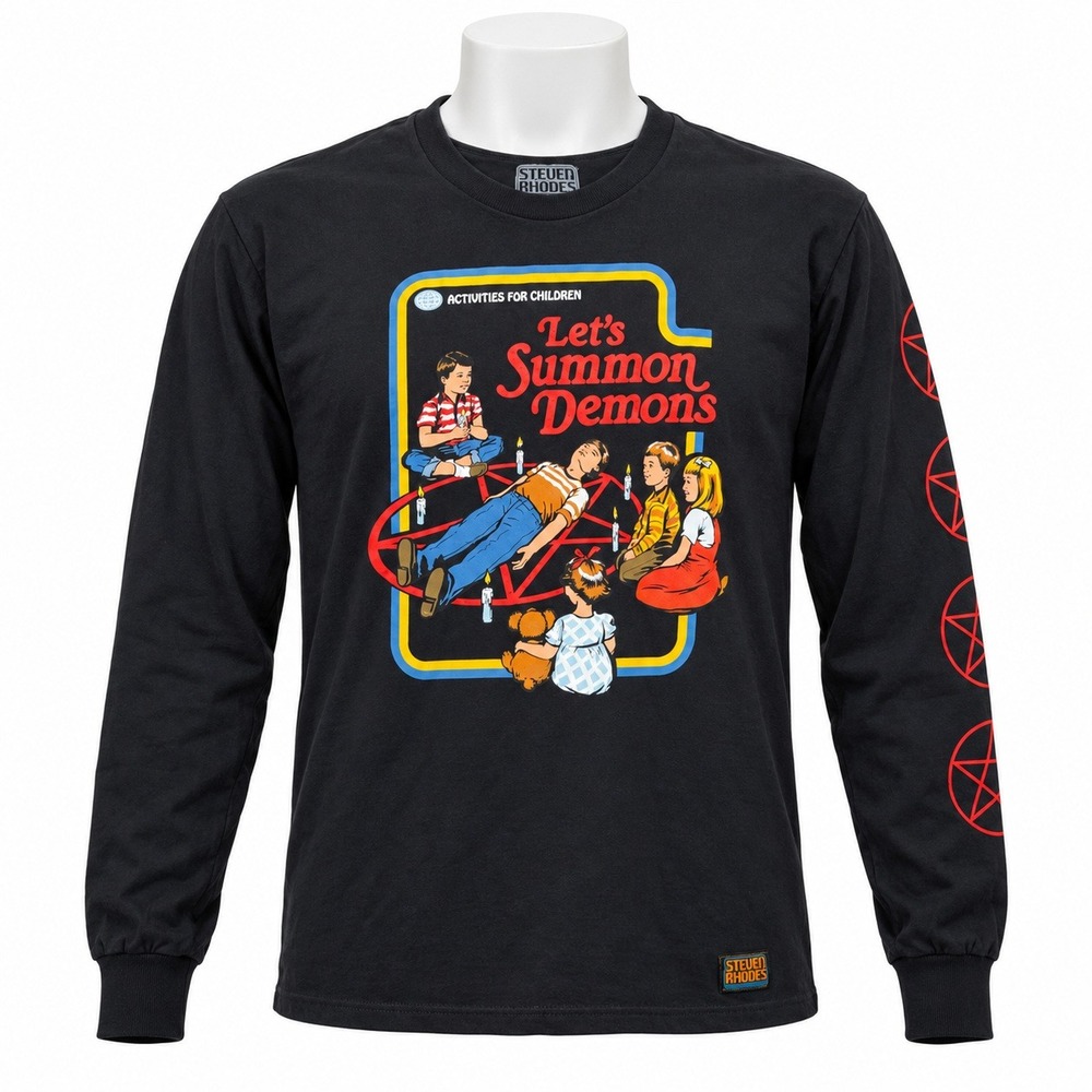 Steven Rhodes Medium Long Sleeve Let's Summon Demons Black Graphic Tee Retro